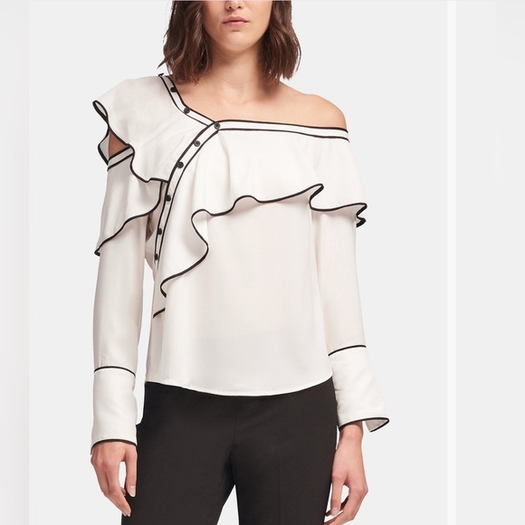 DKNY Ruffle Cut Out Off One Shoulder Top White Black Trim Medium - Picture 1 of 7